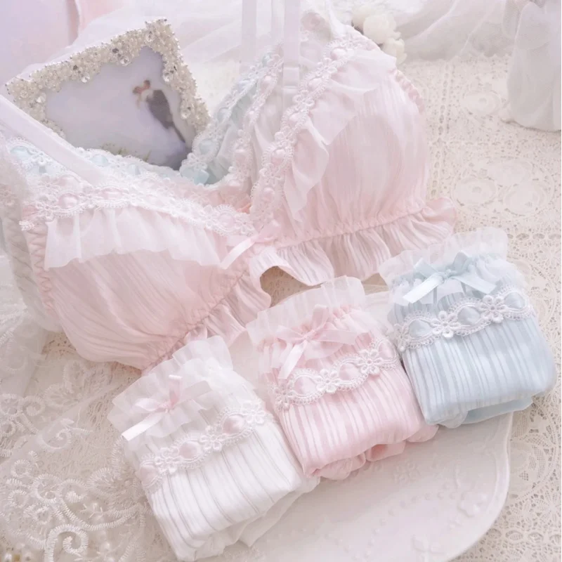 Kawaii Underwear Comfortable Bra Bikini Set Lolita Girl Cute Bow Bra & Panties Lingerie Set Bras Briefs Women Bra and Panty Set