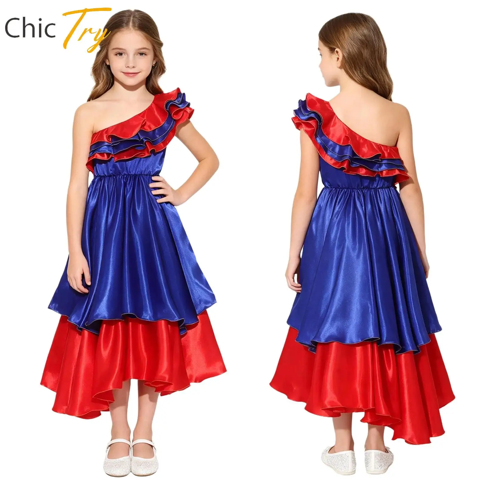 

Girls Ethnic-style Brazilian Dance Dress One-shoulder Ruffled Spanish Flamenco Performance Dress for Halloween Carnival Party