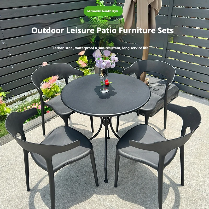 Outdoor Modern And Simple Style Plastic One-Piece Molded Chair Carbon Steel Table Garden Set For Courtyard Balcony Homestay Bar