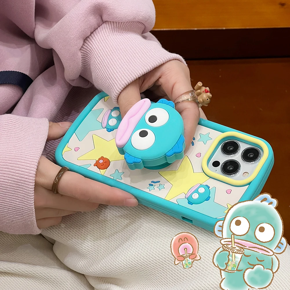 3D Cartoon Sanrios Hangyodon Telescopic Bracket Phone Case for IPhone 15 14 13 12 11 Pro Max Soft Silicone Back Cover Gift