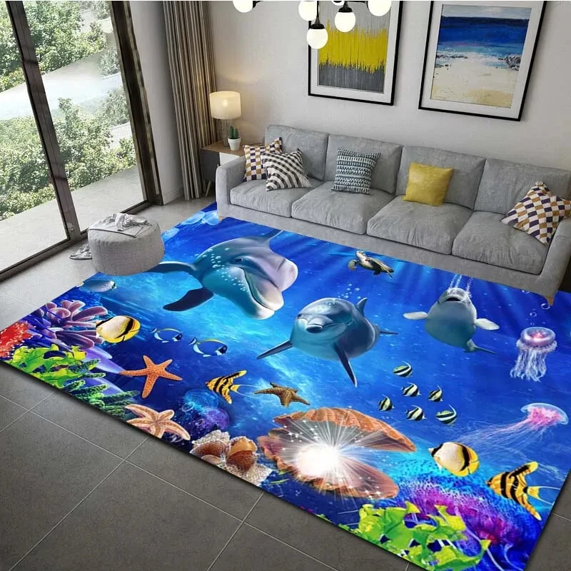 Ocean Dolphin Pattern Carpet Living Room Bathroom Decor Childrens Bedroom Rugs Underwater Marine Life Area Rugs Anti-slip Mats