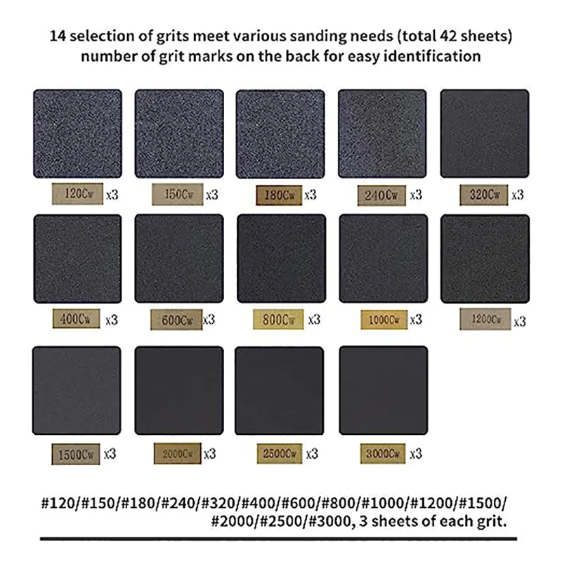 42PCS 230*93 Sandpaper with Sanding Block, 120 to 3000 Grits Assorted Sandpaper Sheets DIY Woodworking Sanding Wet/Dry Use