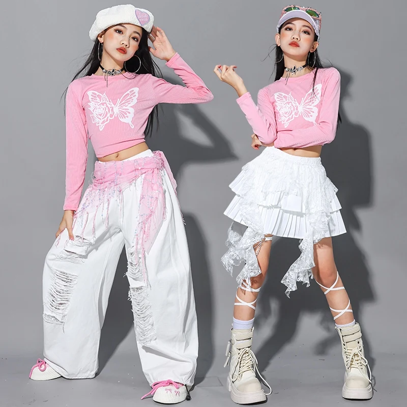 

Наряд для джазовых танцев для девочек Kpop, одежда для выступлений на сцене, розовый топ, белые брюки, юбка-тортик, модная одежда для подиума, уличная одежда 2546