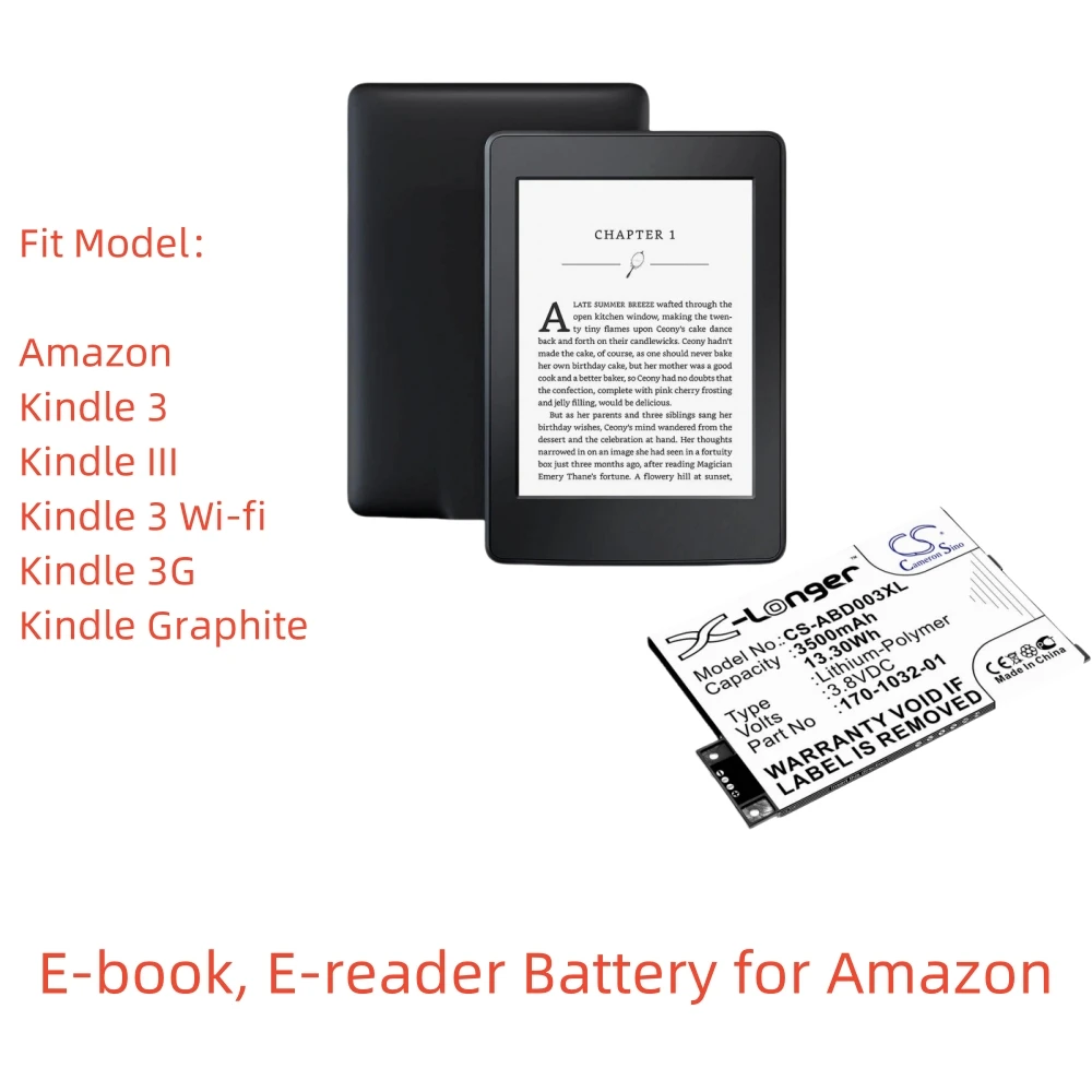 

CS Li-Polymer E-book, E-reader Battery for Amazon,3.8V,3500mAh,Kindle Graphite Kindle 3 Wi-fi,S11GTSF01A GP-S10-346392-0100