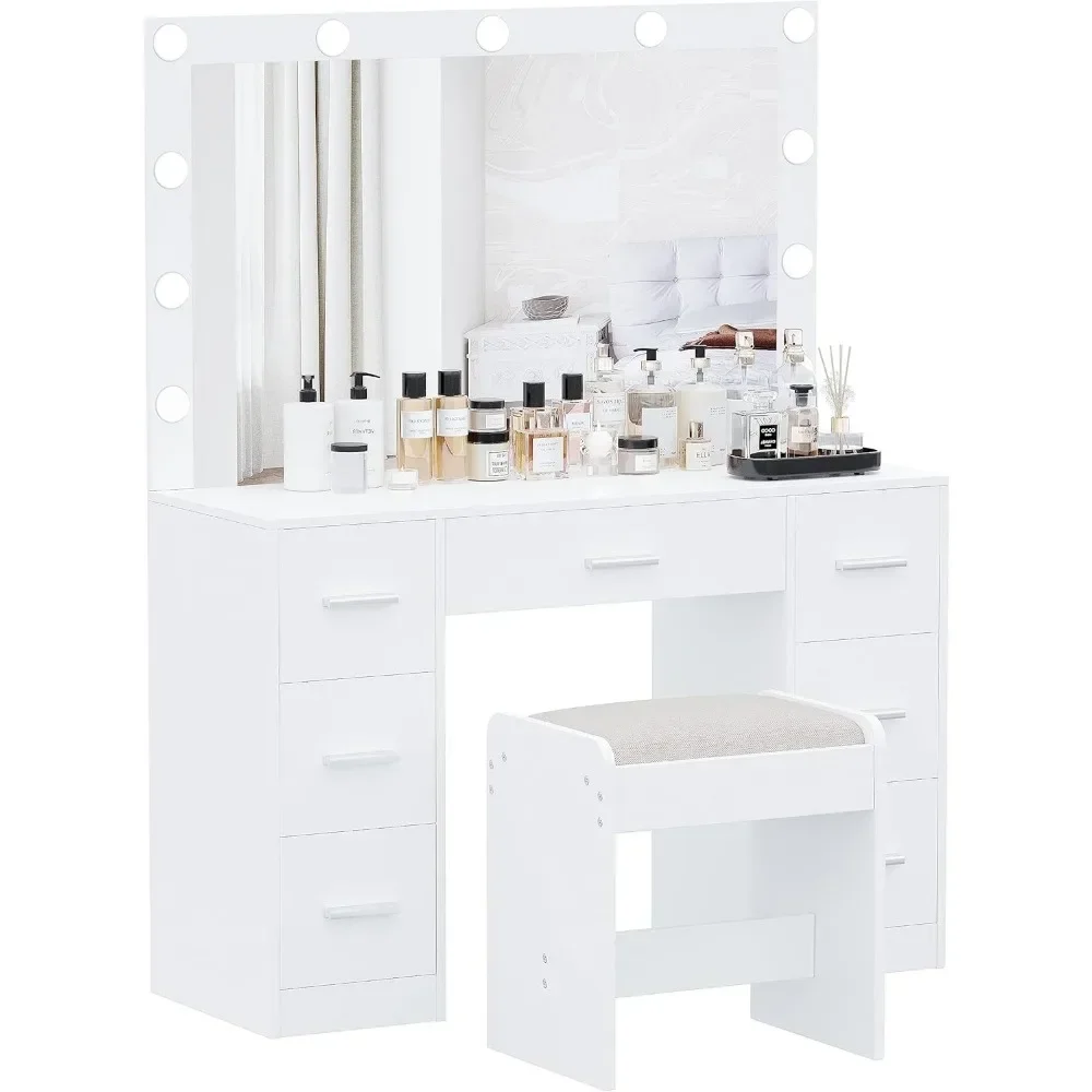 Vanity Desk with Stool, Makeup Table with Lighted Mirror, Brightness Adjustable, Dressing with Drawers, Bedroom Vanity Table Set