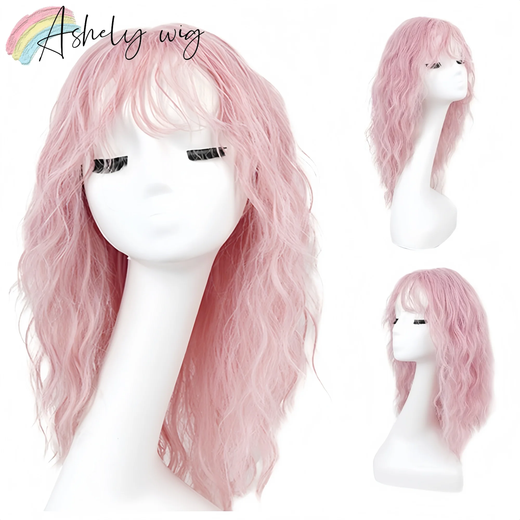 

Ashely Pink Curly Wig with Bangs 20inches Wavy Hair Wigs Cute Synthetic Wigs High Temperature Fibers Lolita Wig Pastel Парик