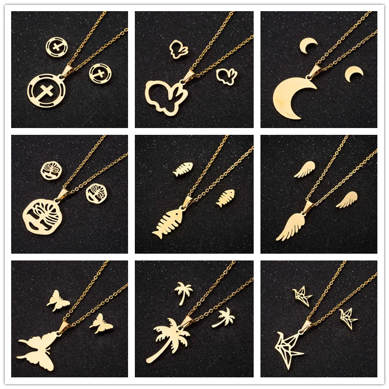 DIY accessories Ladies Korean version of personalized girl heart stainless steel stud earrings necklace set simple moon butterfl