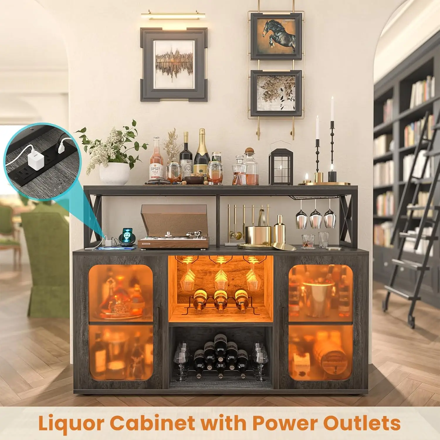 Aheaplus Bar Cabinet with Power Outlets, Liquor Cabinet with Led Lights and Glass Holder, Storage Buffet Cabinet Coffee Bar