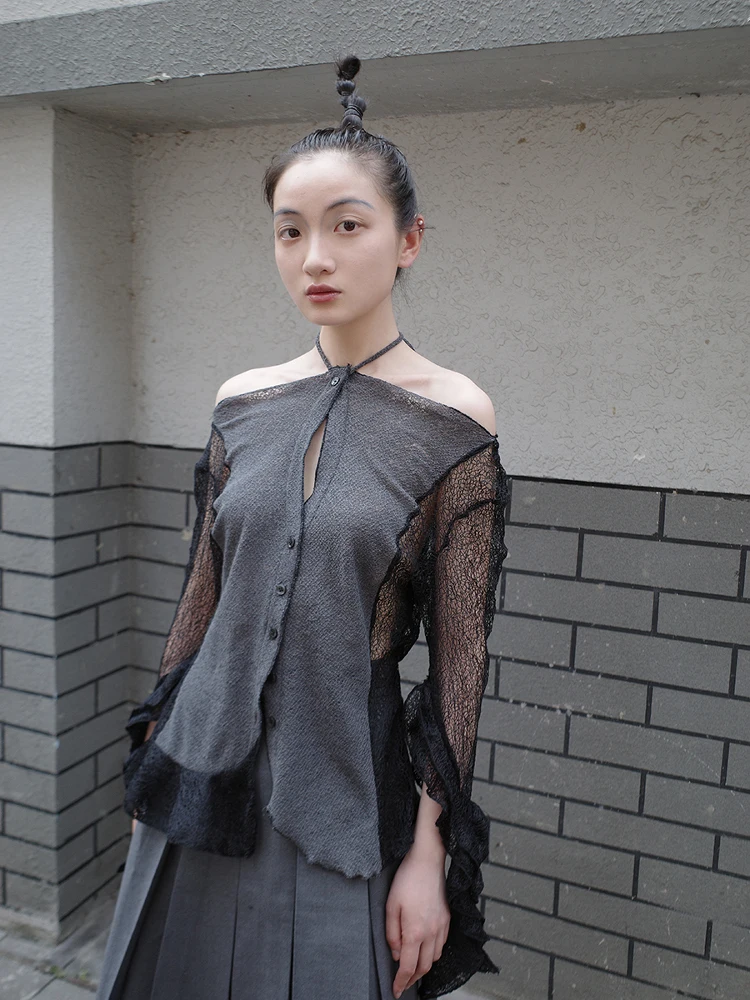 

Оригинальный дизайн, асимметричный летний топ с открытыми плечами и длинными рукавами для женщин, из полиэфирного волокна, с круглым вырезом, в стиле Foggy Area