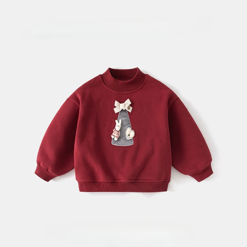 2025 Christmas and New Year Hot Selling New Round Neck Plus Plush Thick Patch Cartoon Pattern Hoodie