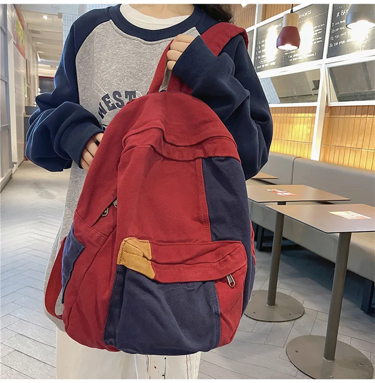 Contrast Color Block Canvas Backpack Large Capacity Casual School Travel Rucksack for Student Daily Use