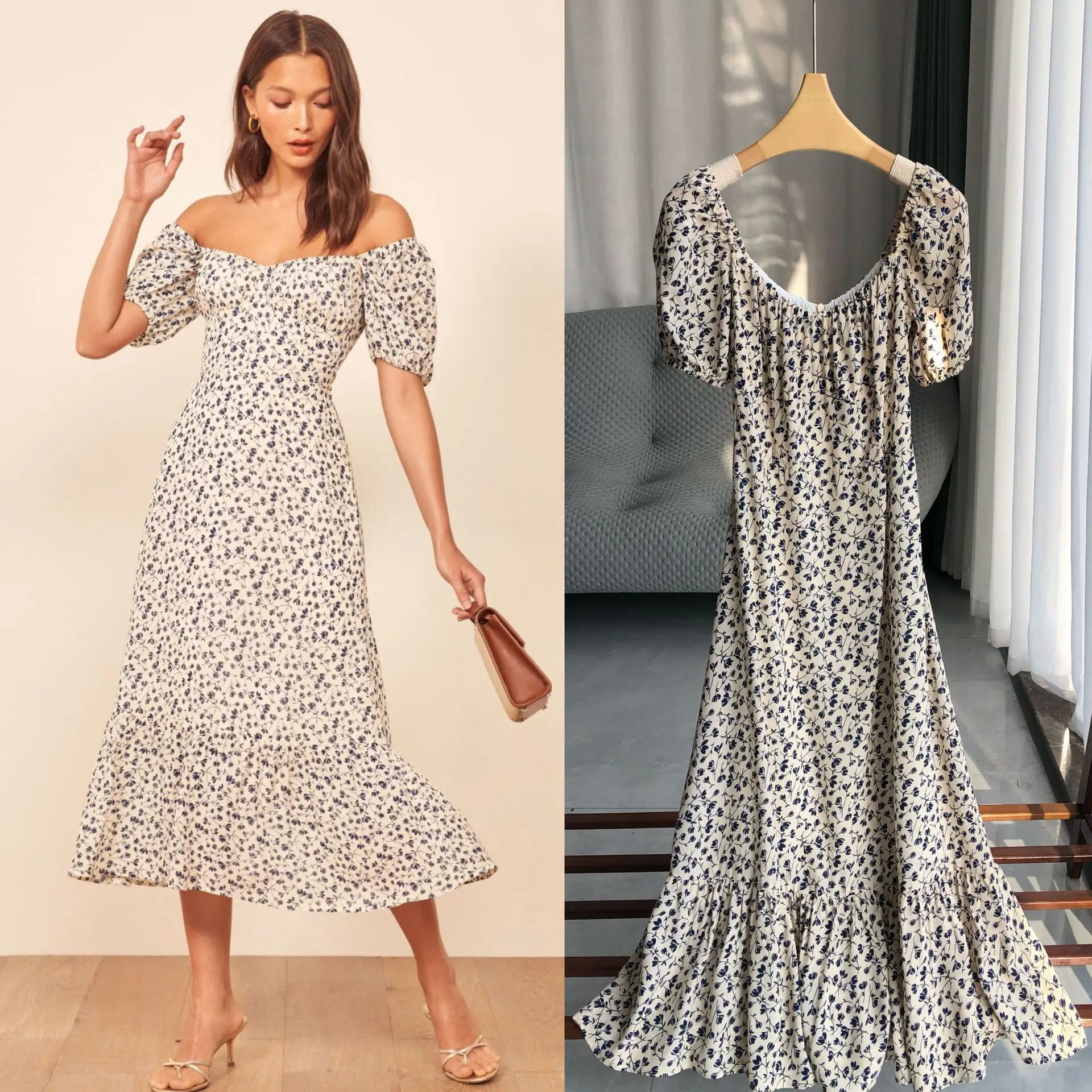 

Women's Dress 2024 New Spring Summer Printed Square Collar Slim Waist Vintage Short Puff Sleeve Robes