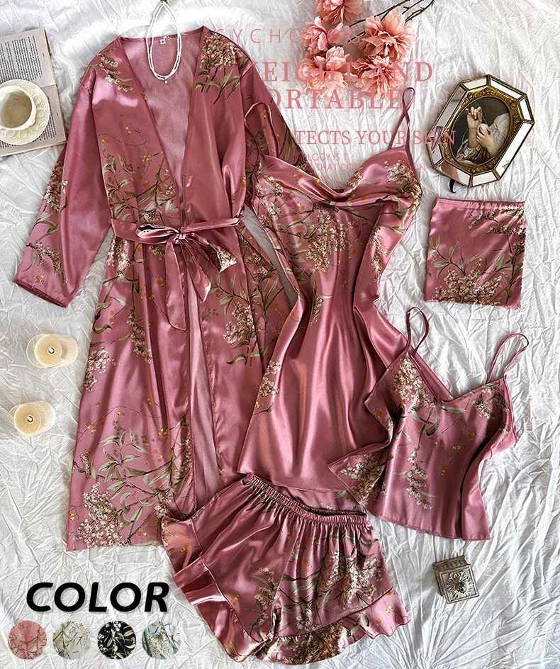 5 Pieces Women's Fashion Comfortable Nightwear All-Season Sexy Pajama Pants Set Satin With Silk Sleepwear. Nighty & Robe Wear