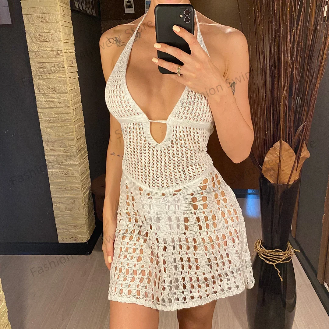 Licou dos nu évider Crochet tricoté tunique plage couvrir couverture robe de plage vêtements de plage maillots de bain femmes femmes