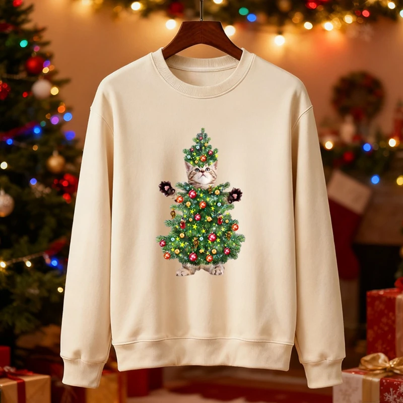 

Merry Christmas Cute Kitten Christmas Tree Funny DTF Transfer for Holiday Apparel & Festive Group Long Sleeve Thermal Hoodie