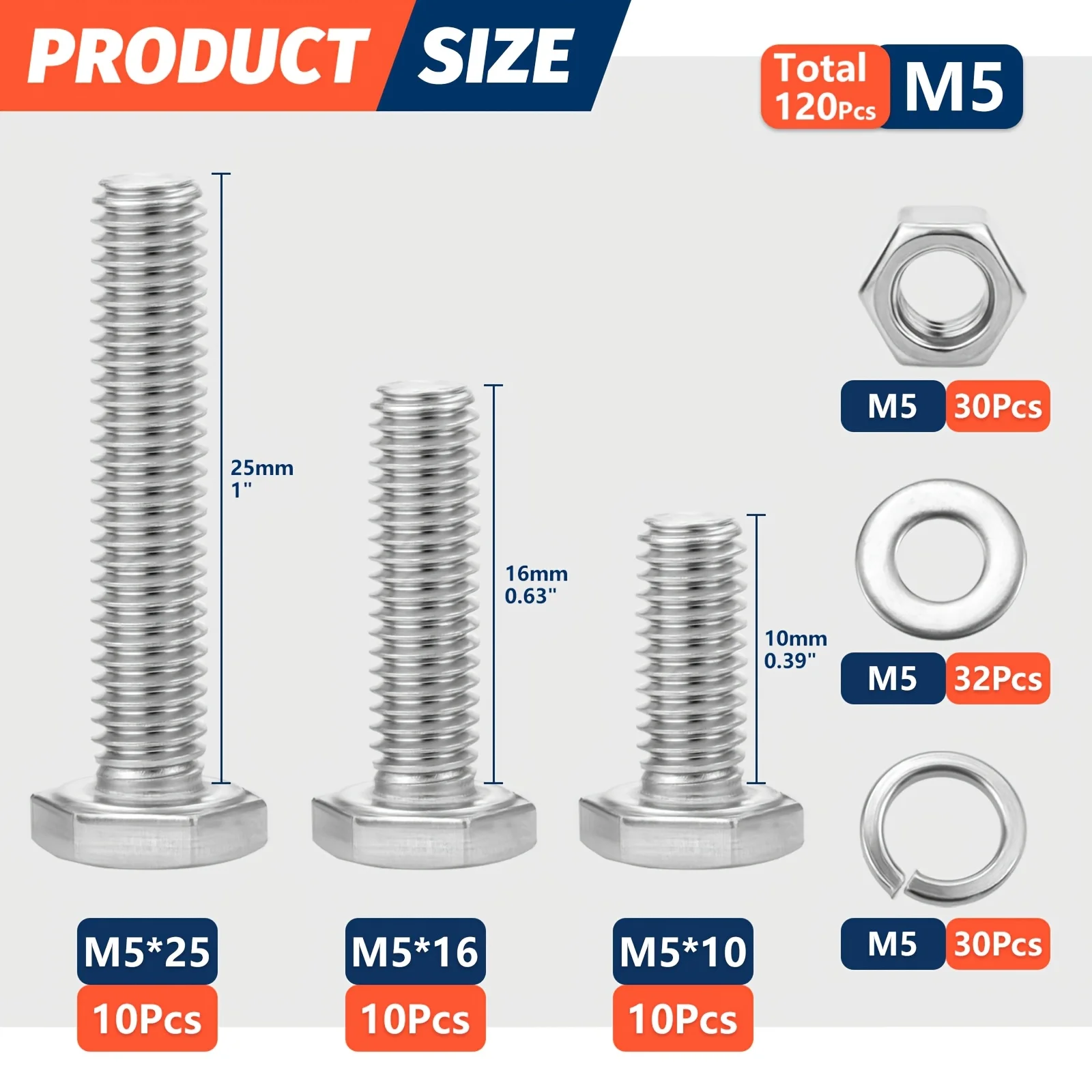 M4 M5 M6 Metric Bolt Kit Stainless Steel Assortment Set with Hex Head Bolts Nuts Flat & Lock Washer for DIY Home Industrial Use