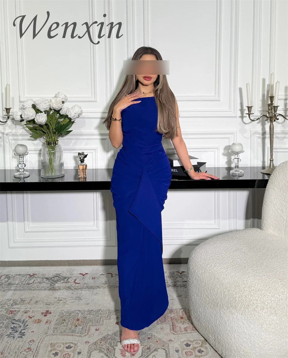 Robe de soirée en Jersey bleu personnalisée de haute qualité, sans manches, avec tempérament, robes de soirée pour occasions spéciales