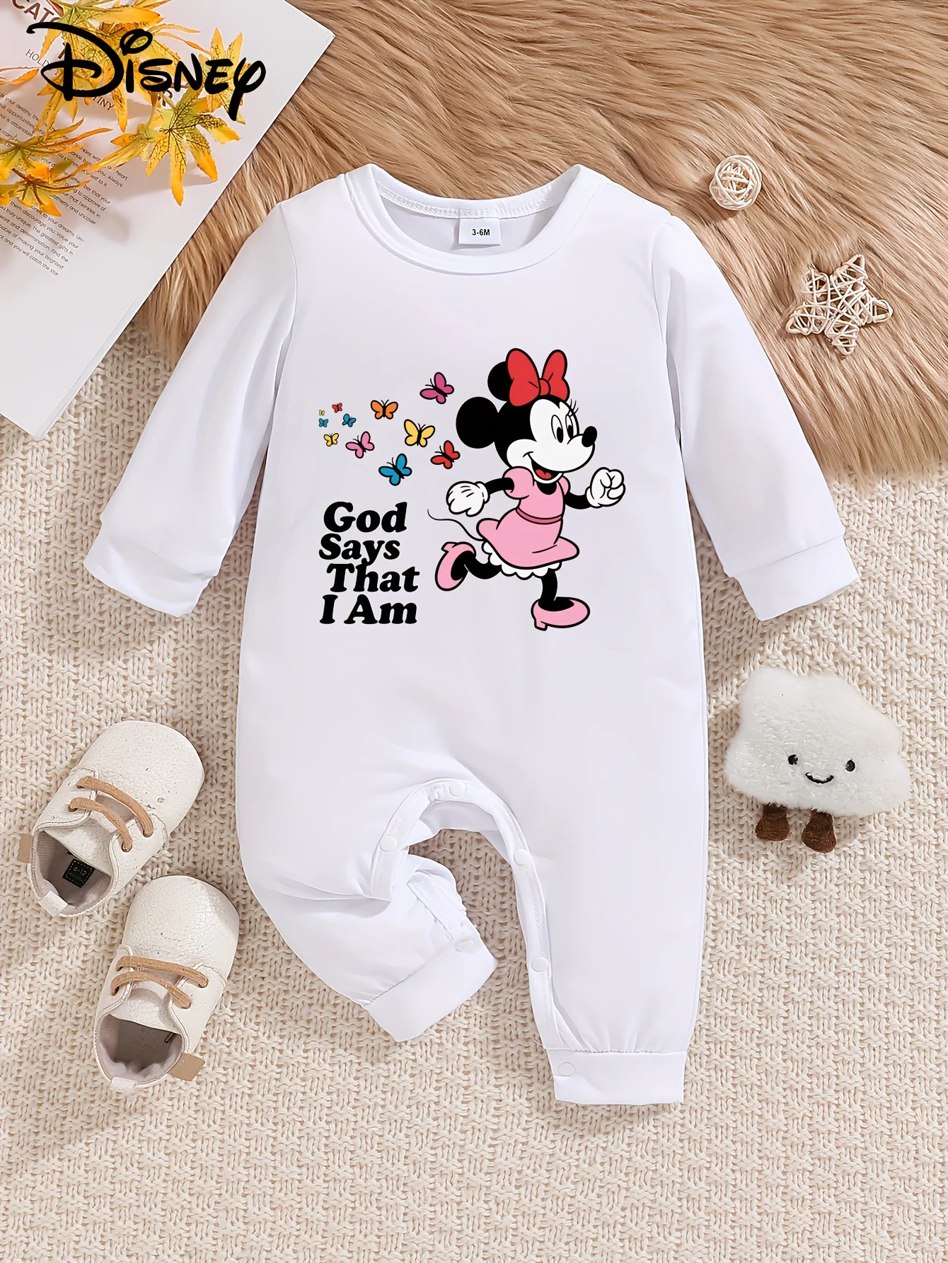 

【Осанторизованный】Домбинезон с длинными рукавами Disney Minnie Baby! Очаровательный принт Минни — это супер привлекает, мягкая и приятная для кожи ткань подходит для нежной кожи ребенка, дизайн с круглым вырезом более удобная и не останавливается в машине