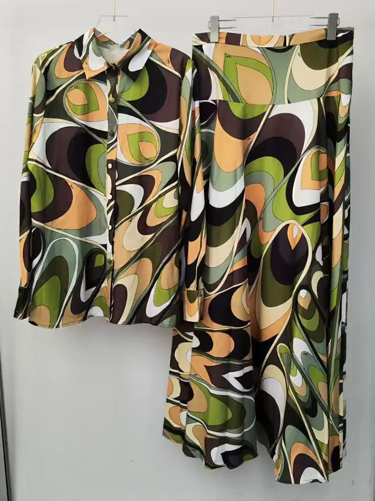 2026 Spring Women's New Lapel Single-breasted Long-sleeved Printed Shirt Two-piece+A-shaped Skirt Fashion Set with High Wa image 3