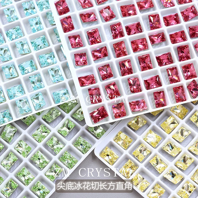 50pcs 6*8mm Rectangle Nail Gems Rhinestones K9 Glitter Zircon Nail Diamond Crystals pointed-Bottom Sugar Cube Dopamine Nails Dec