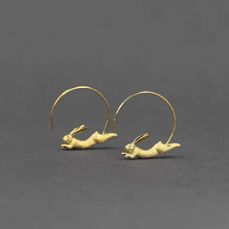 

Lotus Fun Adorable Running Bunny Hoop Earrings Real 925 Sterling Silver Jewelry