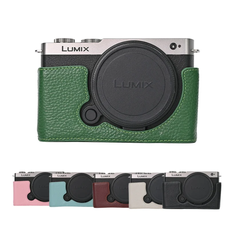 S9 Litchi Pattern Camera Genuine Leather Half Body Case For Panasonic Lumix S9 Battery Opening Magnetic Bottom Cover