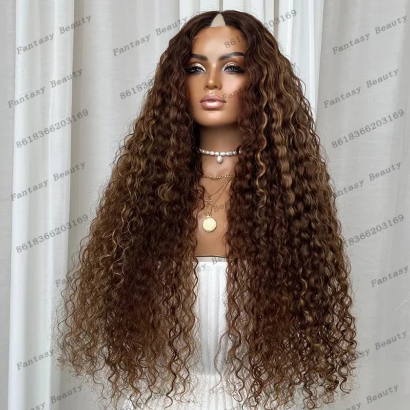 

Human Hair Long Curly Highlight Bayalage Brown Glueless V Part Wigs for Black Women 250Density Remy Peruvian Hair 1x4 V Part Wig