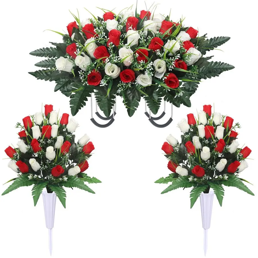 

Artificial Cemetery Flower Saddles for Graves, Cemetery Memorial Flowers with Vase and 2 Memorial Bouquets for Grave Tombstone,O