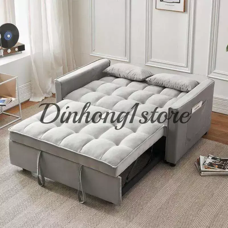 Folding Convertible Sofa Bed, Queen Size Pullout Sofa, Modern Chenille Fabric, 360° Swivel Side Table, Easy Assembly