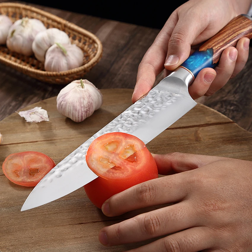 Forged Hammer Pattern Vegetable Cleaver Utility Stainless Steel Chef Knife Resin Wood Handle Sharp Slicing Kitchen Cutting Tool