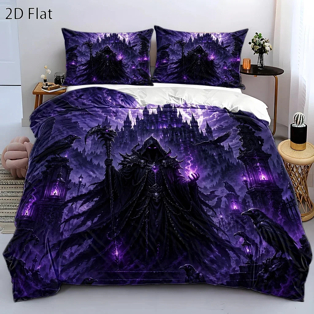 3Pc Dark Fantasy Castle Wizard Crow Theme Duvet Cover Set, Three-Piece Bedding Set (1 Duvet Cover + 2 Pillowcases), Suitable for All Seasons, Machine Washable, Invisible Zipper Design, Large Double Bed Cover Set, Suitable for Home, Dormitory, Master Bedroom, Guest Room, Gothic Style Mysterious Purple and Black Bedding, Visually Stunning Bedroom Decor, Hot-Selling Fantasy Style Duvet Cover Set