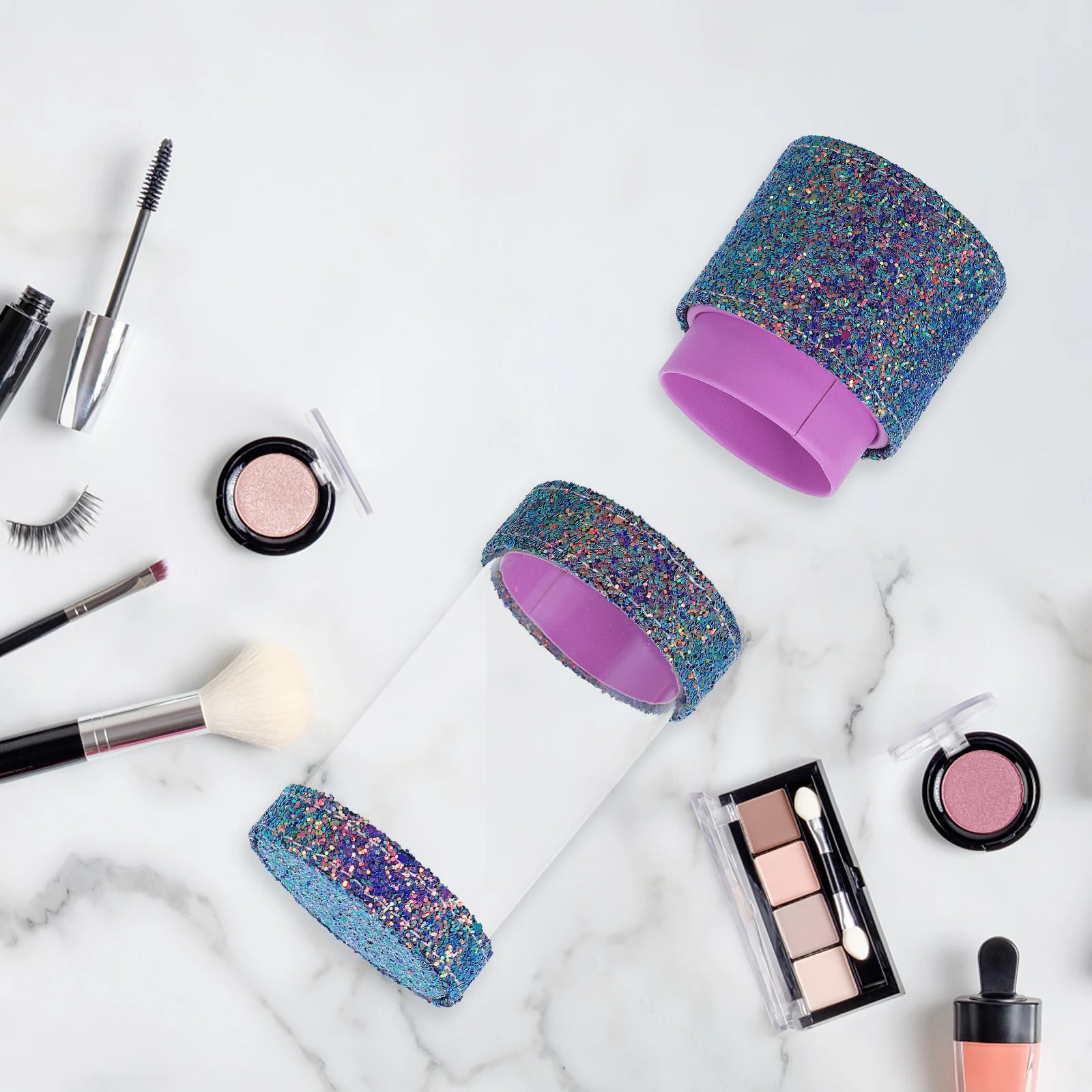 منظم حامل فرش المكياج اللامع ذو كوبين لأدوات المكياج وأقلام الرصاص وأحمر الشفاه وصندوق تخزين الحواجب