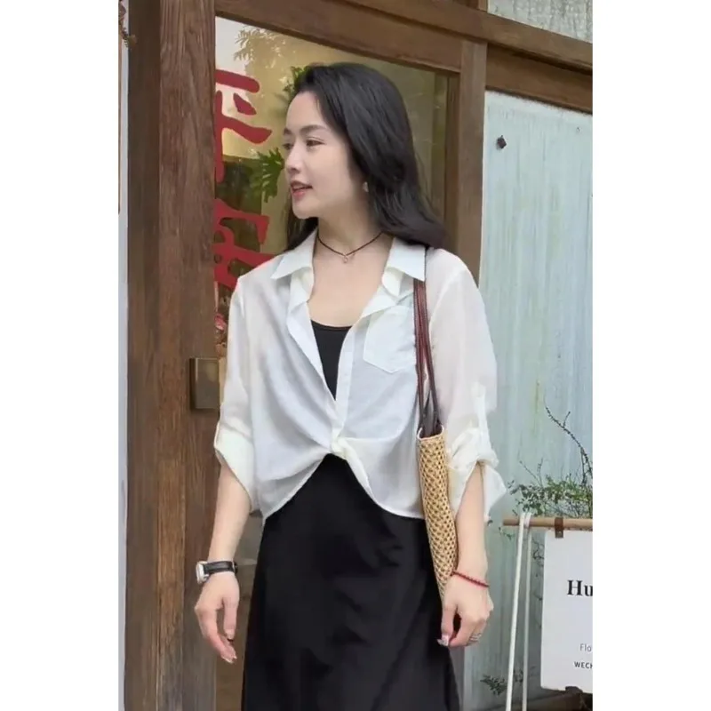 

Women Summer Simplicity Casual Solid Color Polo Collar Long Sleeve Chiffon Shirts Ladies Fashion Office Lady Sunscreen Thin Tops