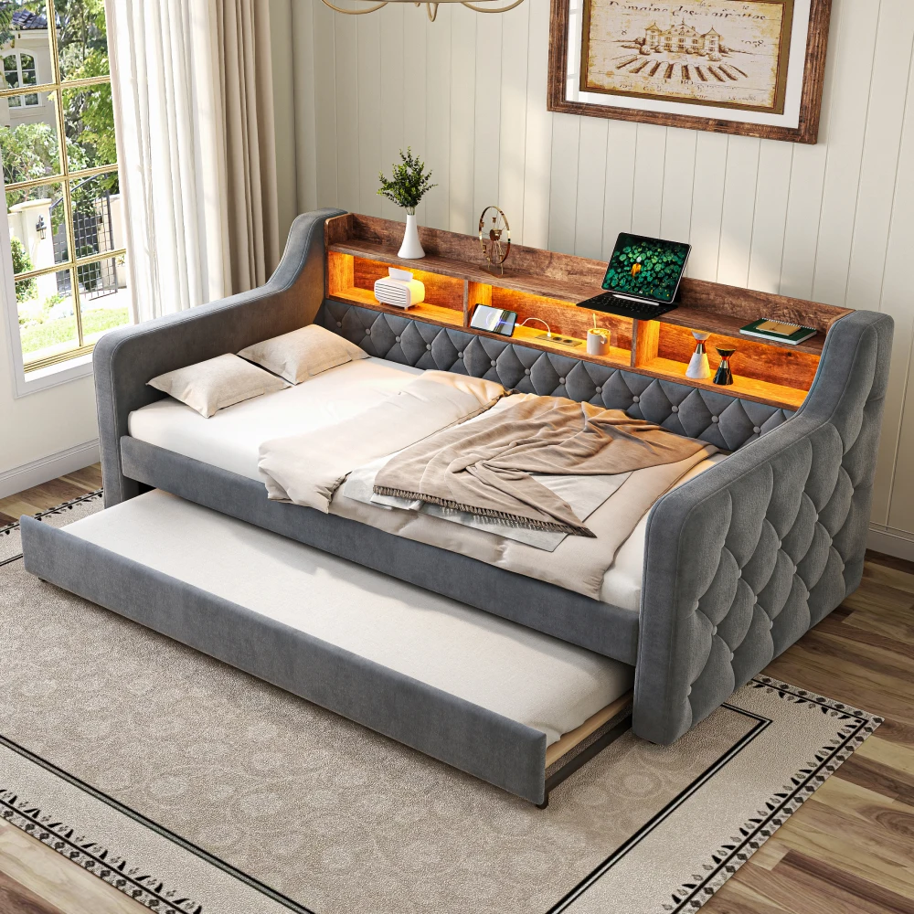 Velvet sofa bed 90x190cm - pull-out double bed with storage space, 12 sturdy wooden strips, 260kg high load-bearing capacity, suitable for bedrooms, guest rooms, youth rooms - grey, modern, practical