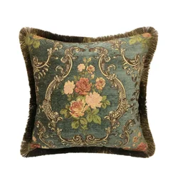 Deluxe Vintage French Rose Dark Green Traditional Floral Chenille Decorative Home Cushion Cover Style Throw Pillow Case 45x45 Cm