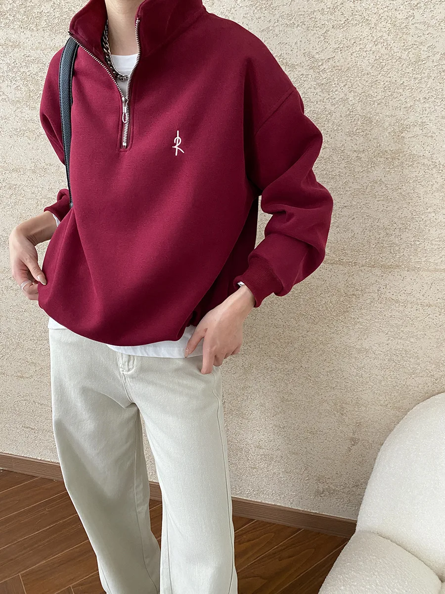 Wine Red Label Embroidered Stand Up Collar Half Zipper Sweatshirt Loose Hoodie Fall Pullovers