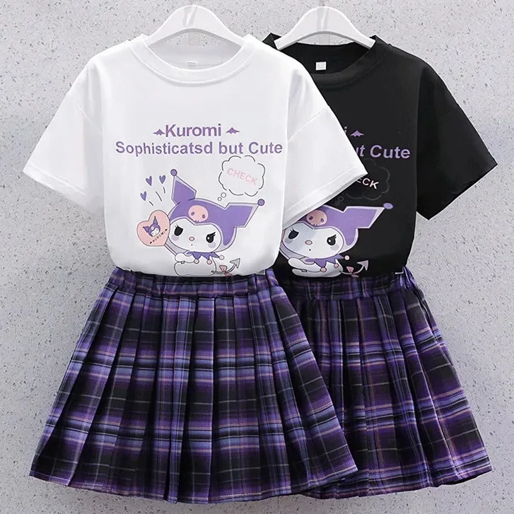 

Anime Sanrio Kuromi Short-sleeved Pleated Skirt Jk Kawaii Student Loose Casual Fashion Soft Comfortable Sweet Girly Cute Suit