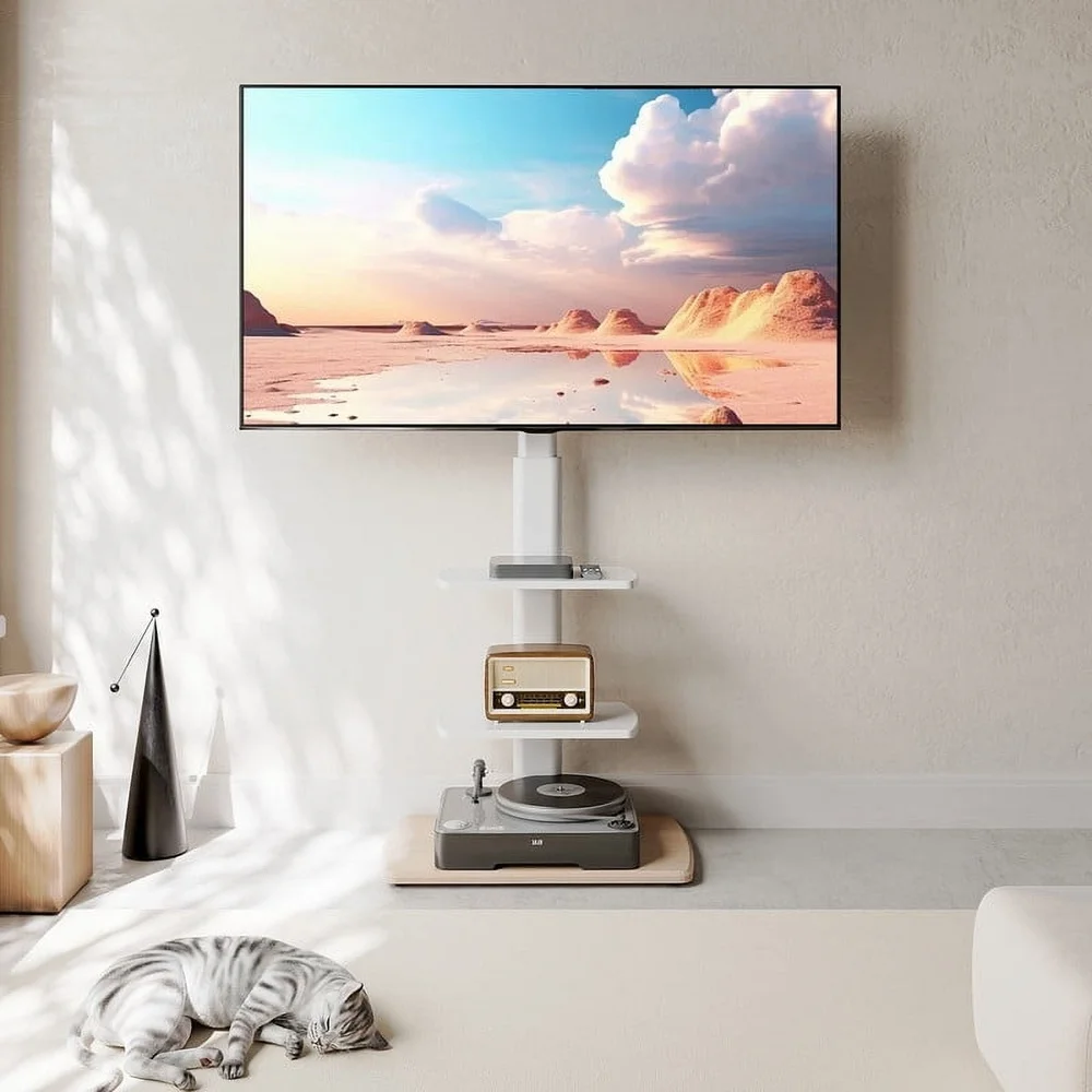 Sturdy Floor TV Stand 32-70 Inch TVs Adjustable Height Swivel Mount Holds 88lbs with Cable Management and Two Shelves