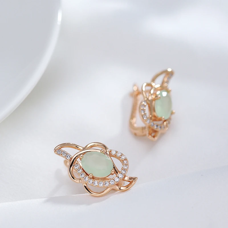 Kinel New Emerald Oval Cut Zircon Earrings 585 Rose Gold Color Clip Earring Inlay Natural Zircon Crystal Flower Party Jewelry