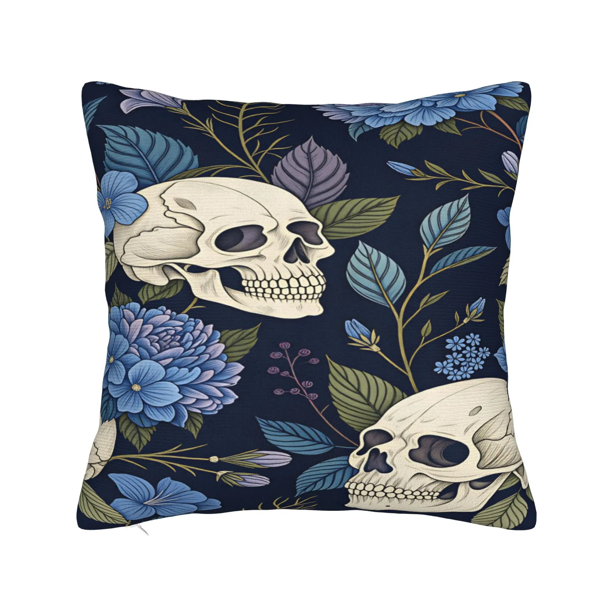 Skull Blue Hydrangea Floral Seamless Pattern Pillow Cover  Soft Cushion Cover Kawaii Pillow Case For Sofa Couch Bed Living Room