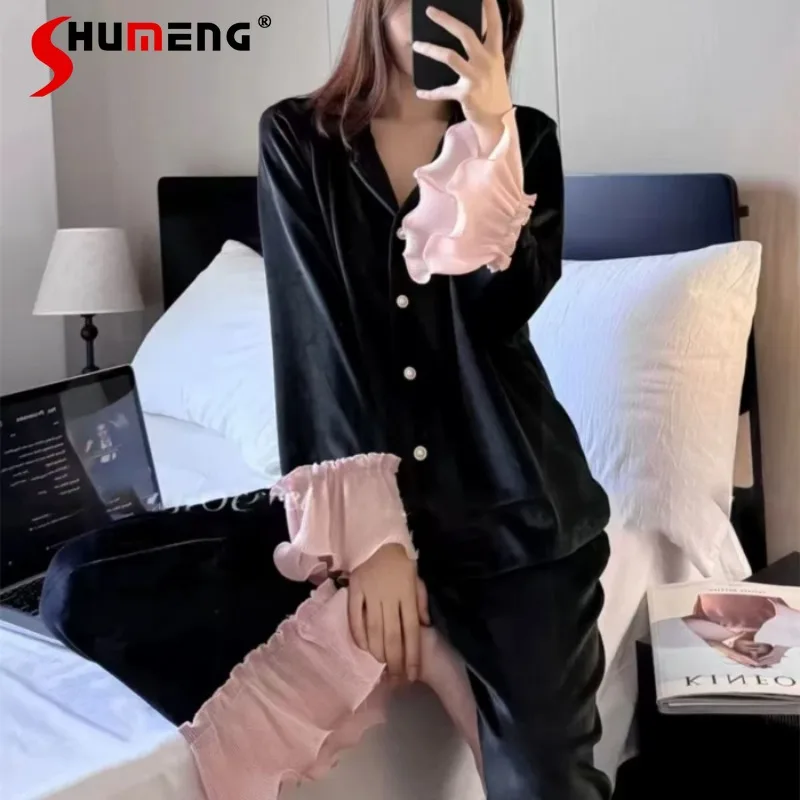 

Luxury Ruffled Sleeve Lace Pajamas for Women French Style Thickened Velvet Set Female High End Palace Style Homewear Suits