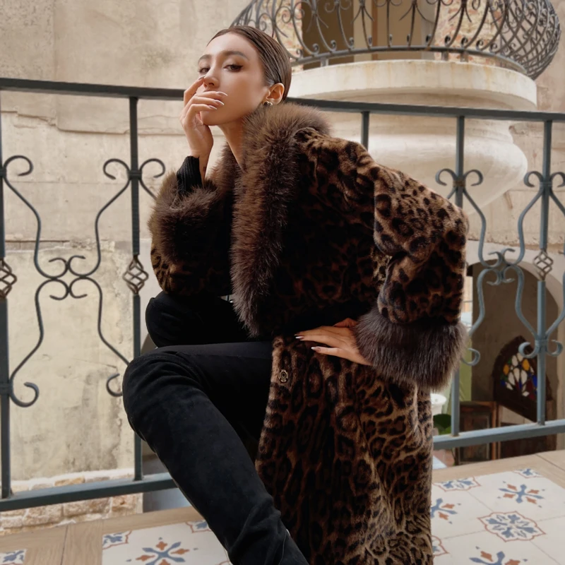 

Women's Luxury Faux Fur Coat 2025 New Style - Coffee Leopard Print Faux Fox Fur Collar DM2DOT030 No Belt