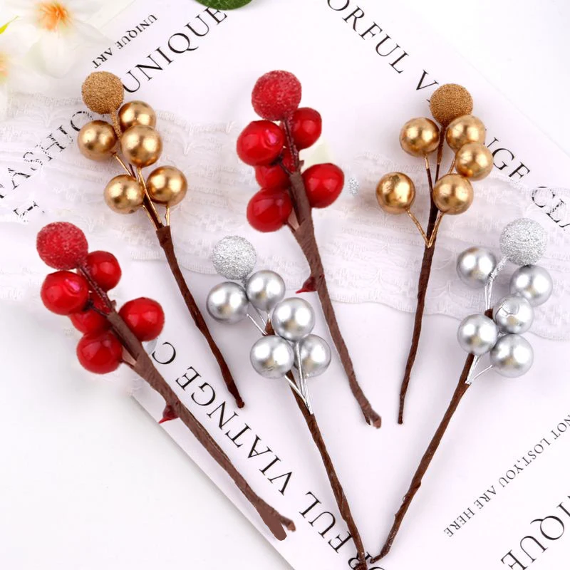 10PCS Künstliche Weihnachtsbaum Beeren Dekor Rot Goldene Obst Kranz Weihnachten Hause Festliche Dekorationen Blumenstrauß für Neujahr