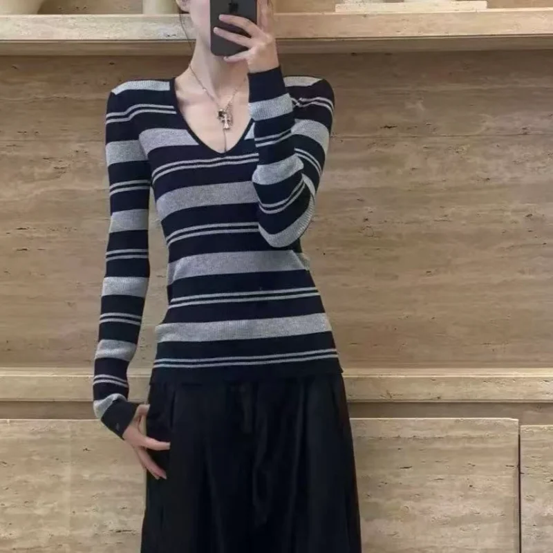 

Fashion Color Block Stripe Long Sleeve Knitwear Womens Autumn New Arrival Slim Fit Inner Wear Sweater Base Layer Super Nice Top