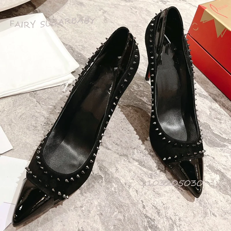 Bright Bright Yellow Rivets Hollow Stiletto Pump Women Glossy Leather Black Sexy Heels 12Cm Pointed Shallow Sandals Elegant Shoe