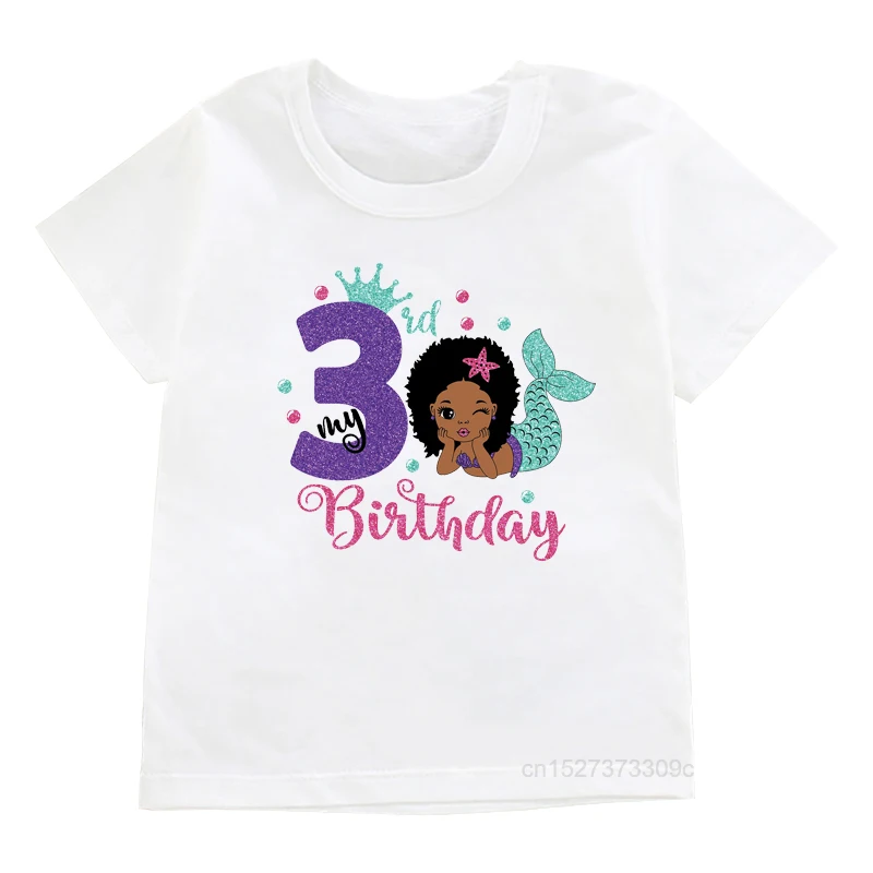 My 1-9 Birthday Black Afro Mermaid Svg Graphic Print Children'S T-shirt White Crew Neck Girls Sparkling Clothes Tops