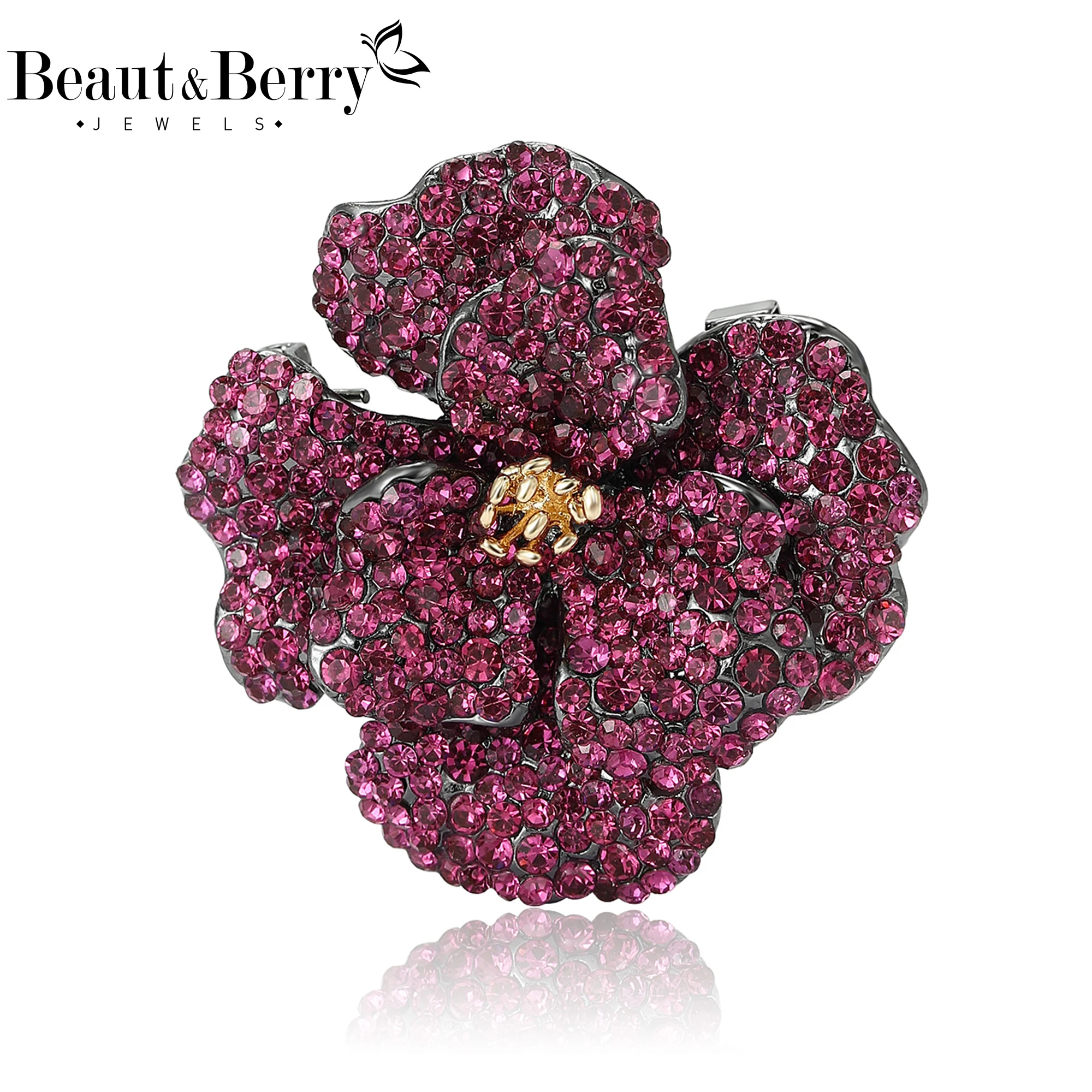 Beaut&Berry Vintage Rhinestone Peony Flower Brooches for Women Plant Pins Friends New Party Gifts Banquet Jewellery Accessories