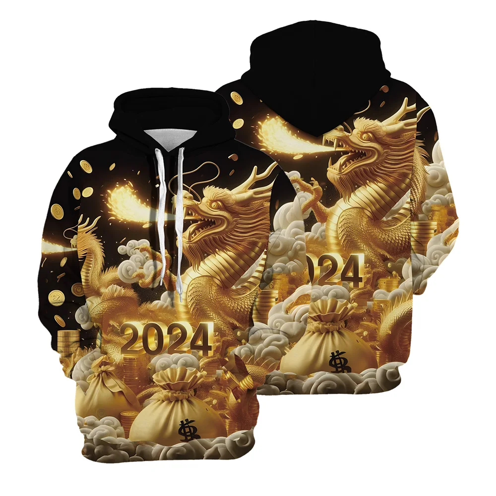 Full Body Printed Money Clothing Gold Dragon Men's Hoodie Long Sleeve Hooded Sweatshirt 2024 Happy New Year Fashion Streetwear