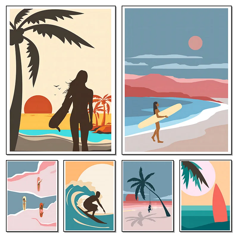 Simple Seaside Beach Scenery Surfing Women Men Surfboard Coconut Trees Poster Canvas Painting Wall Art Pictures Home Decor