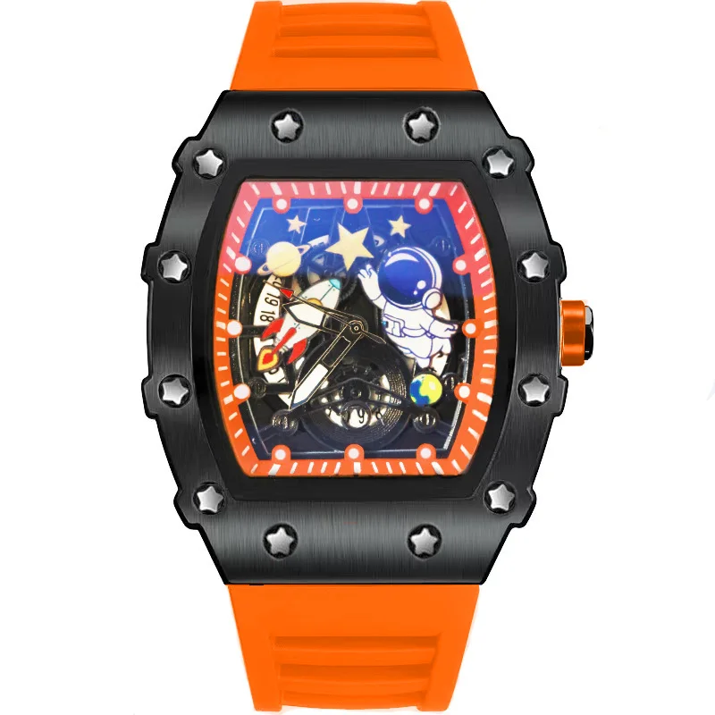 メンズ自動クォーツ腕時計,発光,防水,カジュアル,スペーストレンド,透かし彫り,ラグジュアリー